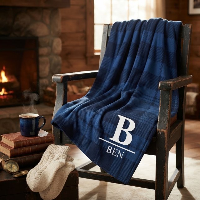 Manta Polar Custom Monogram Initial & Name Blue Buffalo Plaid  (Subido por el creador)
