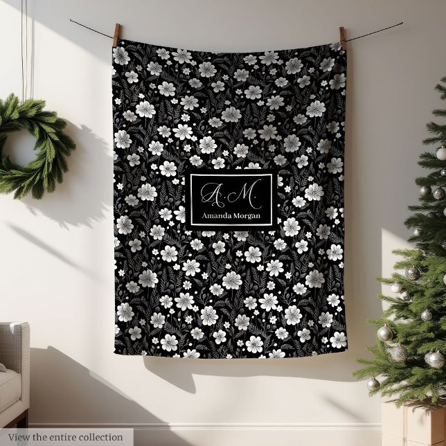 Manta Polar Custom Name Blanket Elegant Wildflower Black White (Custom Name Blanket Elegant Wildflower Black White)