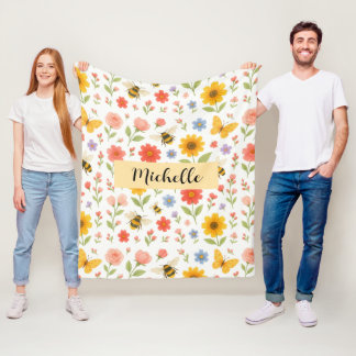 Manta Polar Custom Name Floral Bee Blanket
