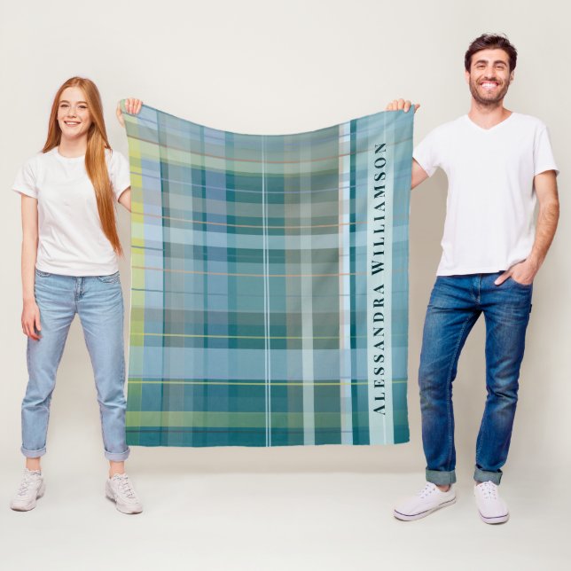 Manta Polar Custom Name Plaid Check Blue Teal Modern Stylish  (In situ)