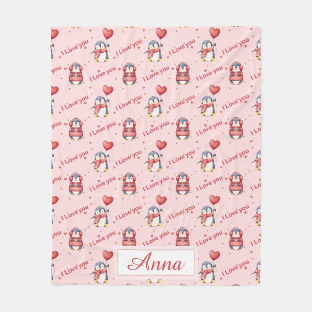 Manta Polar Custom Name Whimsical Penguin Kids Fleece Blanket (Anverso)