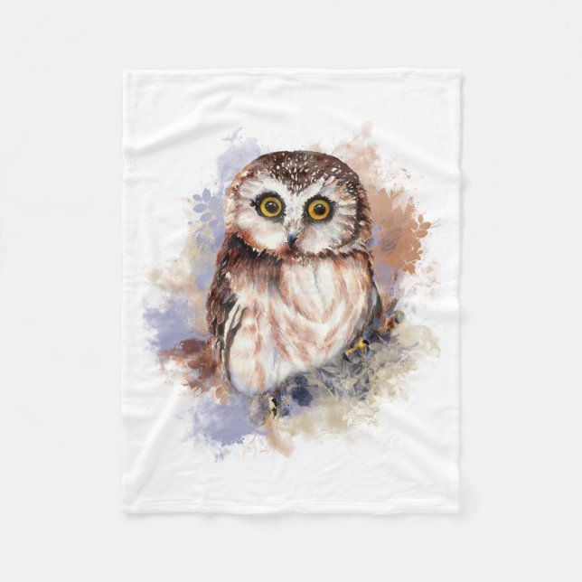 Manta Polar Cute acuarela Owl Bird Naturaleza art (Anverso)