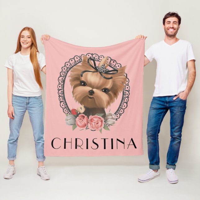 Manta Polar Cute Adorable Yorkie Puppy Floral Rosa (In situ)