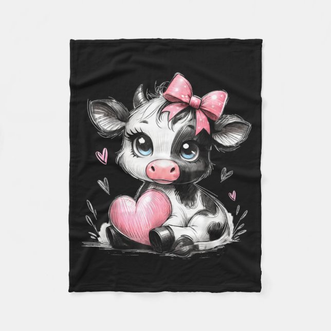 Manta Polar Cute Baby Cow With Nk Coquette Bow Holding Heart  (Anverso)
