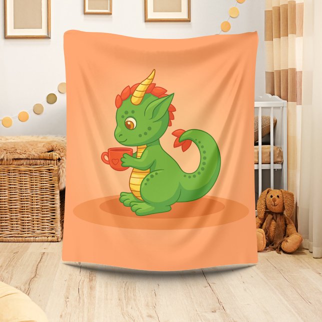 Manta Polar Cute Baby Dragon Holding Cup on Orange (Subido por el creador)