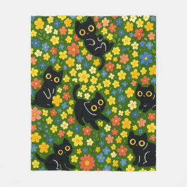 Manta Polar Cute Black Cats Floral Meadow Pattern