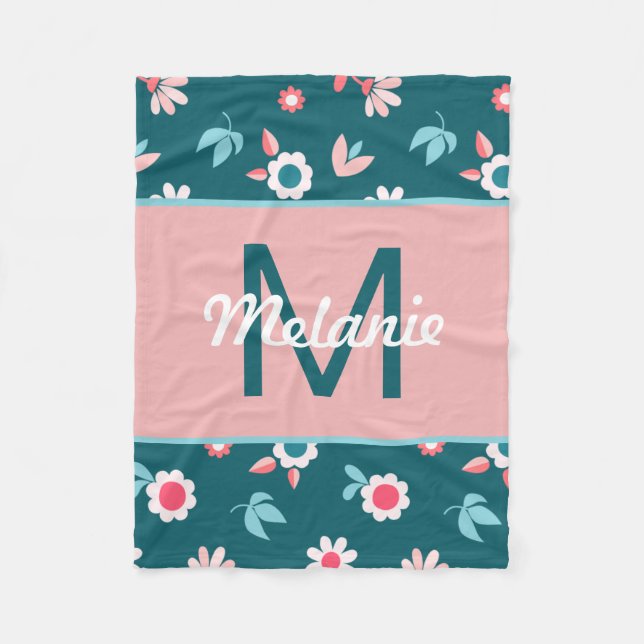 Manta Polar Cute Blue and Pink Personalised Floral Girl's (Anverso)
