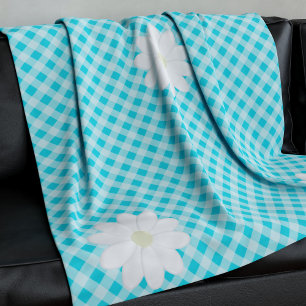 Manta Polar Cute Blue Gingham Check Daisy Fleece Blanket