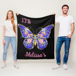 Manta Polar Cute Blue Pink Gold Butterfly nombre floral cumple