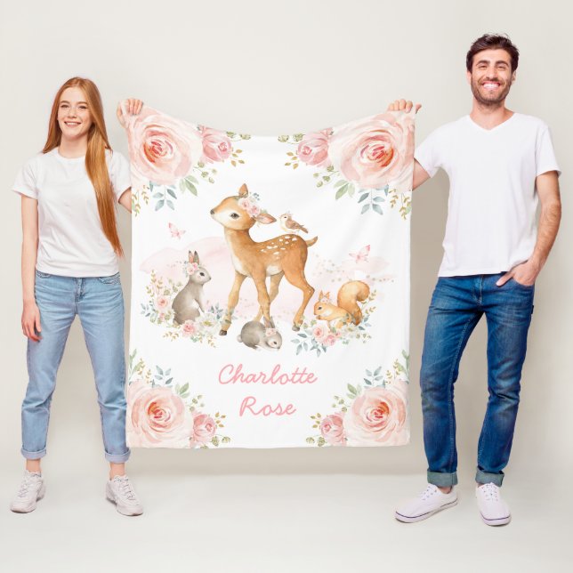 Manta Polar Cute Boho Woodland Animales Pink Floral Baby Girl (In situ)