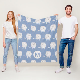 Manta Polar Cute Bouncing White Cat Pattern Monogram Blue