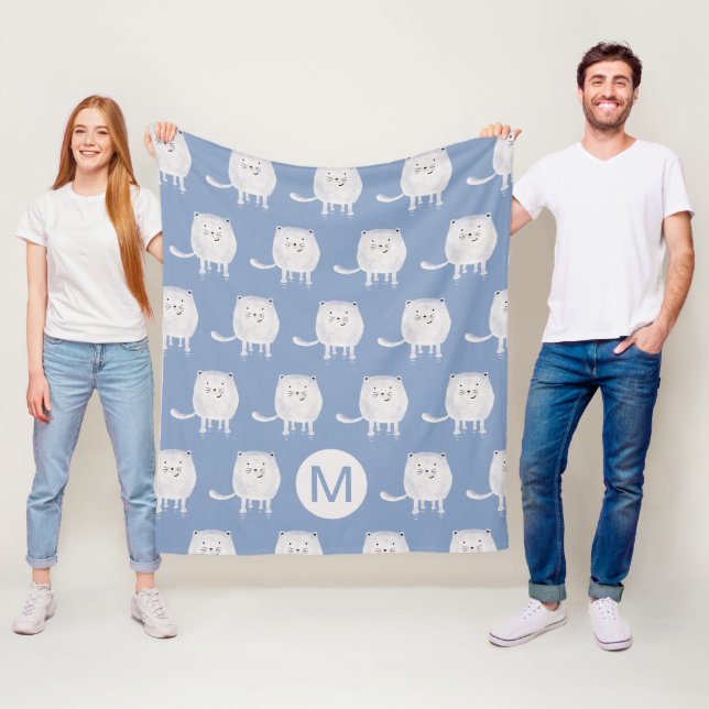 Manta Polar Cute Bouncing White Cat Pattern Monogram Blue (In situ)