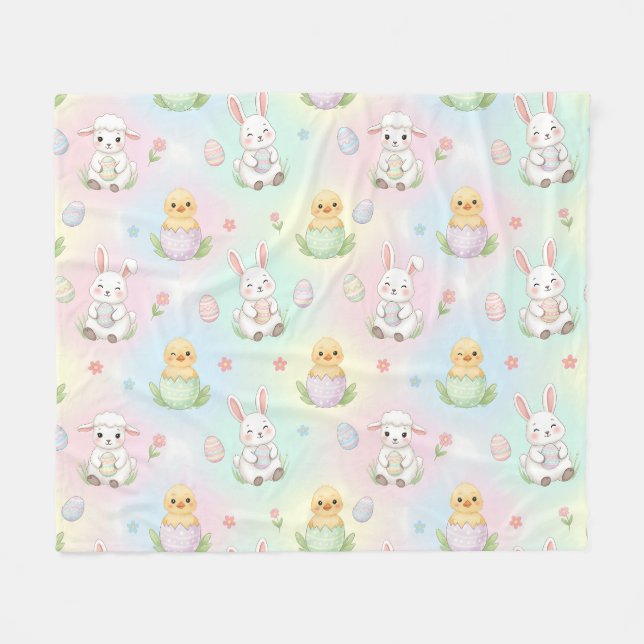 Manta Polar Cute Bunny Chick & Lamb Easter Pattern (Frente (Horizontal))