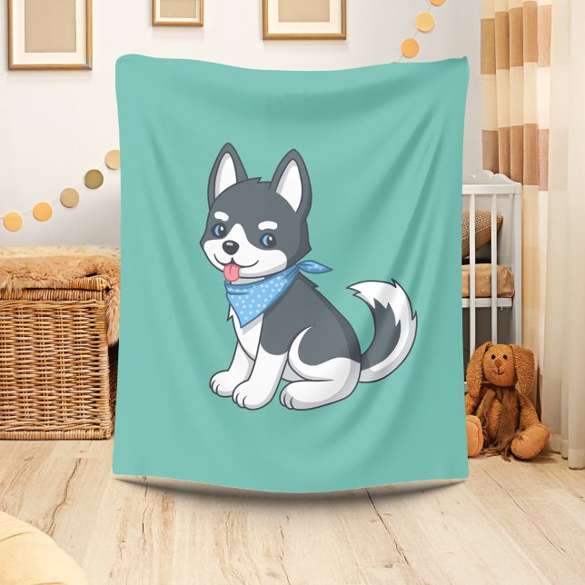 Manta Polar Cute Cartoon Husky Puppy Dog on Green (Subido por el creador)