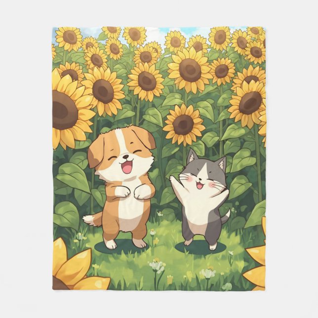 Manta Polar Cute Cat and Dog Sunflower Fleece Blanket (Anverso)