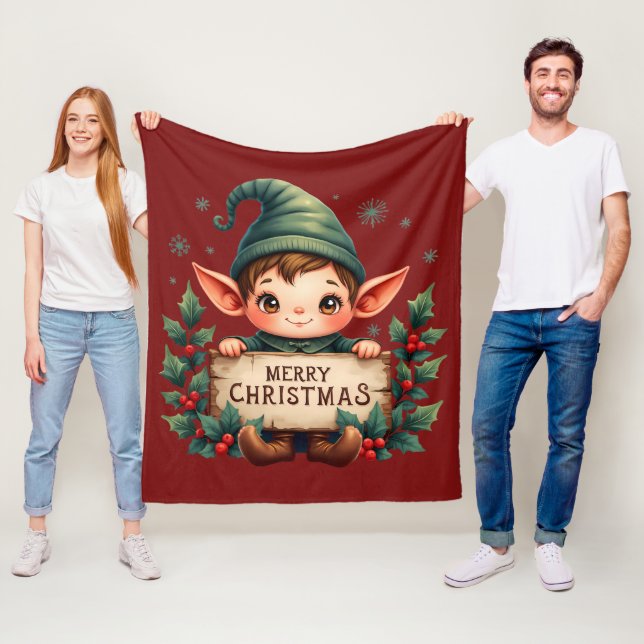 Manta Polar Cute Christmas Elf Holding Merry Sign Red (In situ)