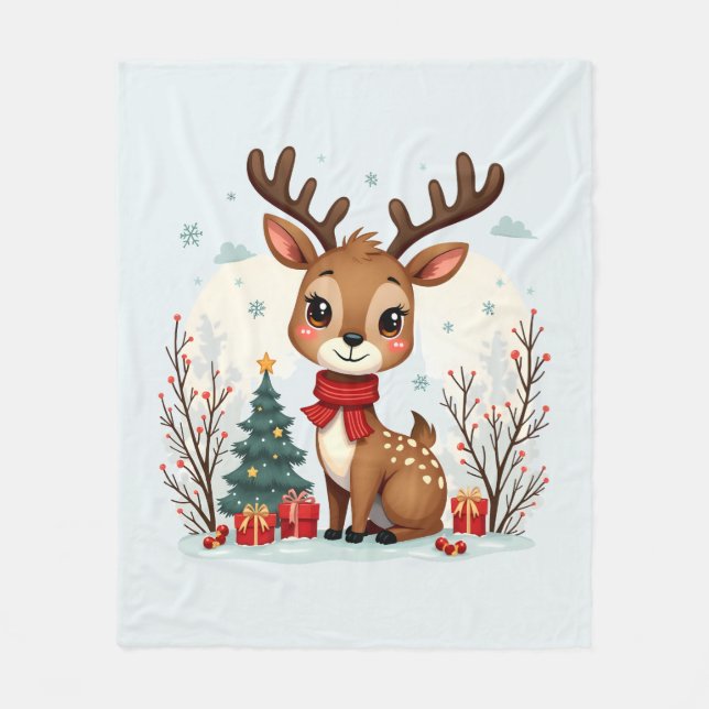 Manta Polar Cute Christmas Reindeer Scene Snowy Forest (Anverso)