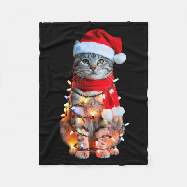 Manta Polar Cute Christmas Tabby Cat In Lights Santa Hat For K (Anverso)