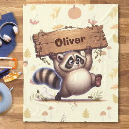 Manta Polar Cute Chubby Raccoon con placa de nombre de madera