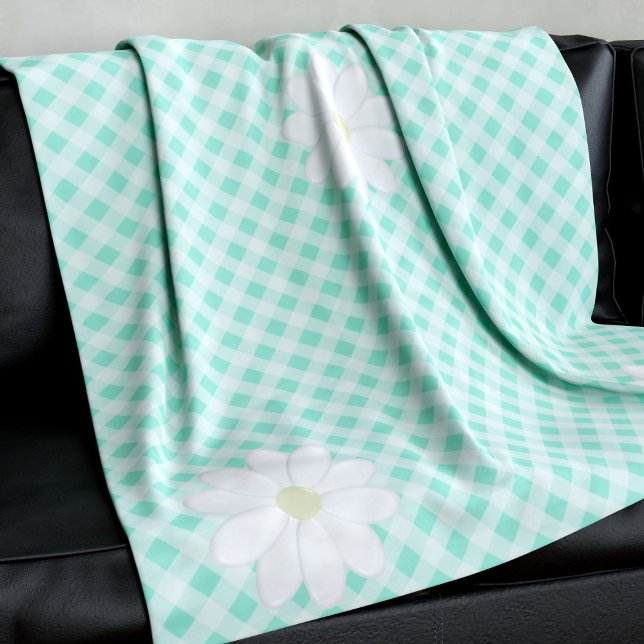 Manta Polar Cute Daisy Flowers Mint Green Gingham Check (A cute daisy and gingham check pattern fleece blanket just for you. Perfect for summer picnics)