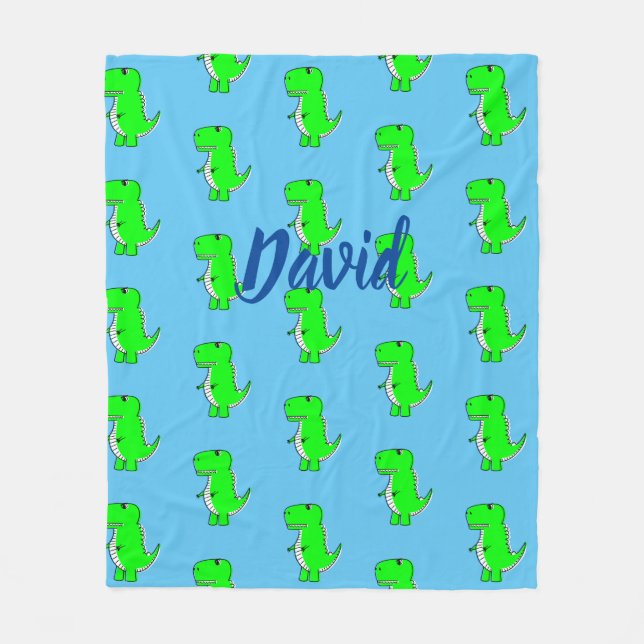 Manta Polar Cute Dino Verde T-Rex En Azul (Anverso)