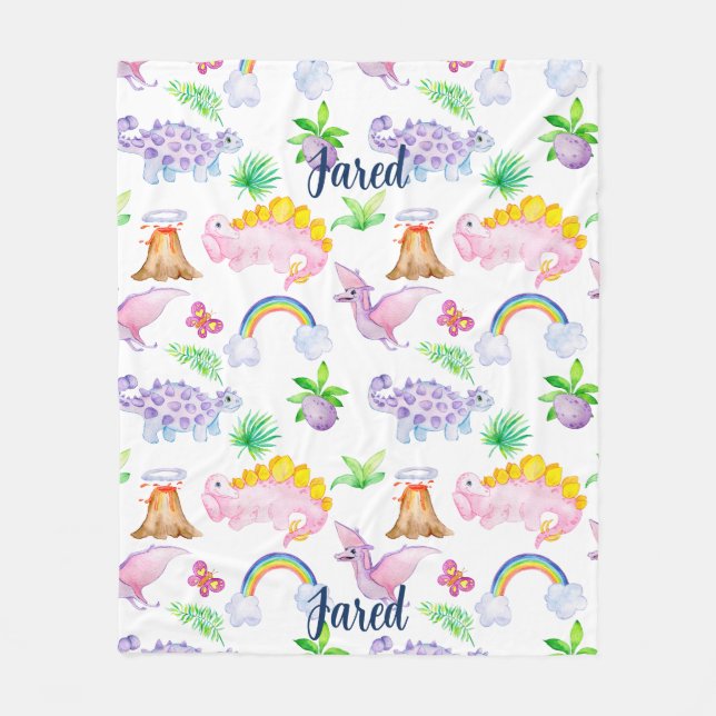 Manta Polar Cute dinosaurio arcoiris acuarela niños jungla (Anverso)