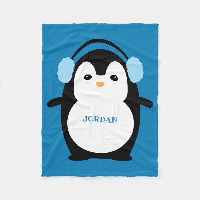 Manta Polar Cute Funny Pingüino Nursery Blue (Anverso)