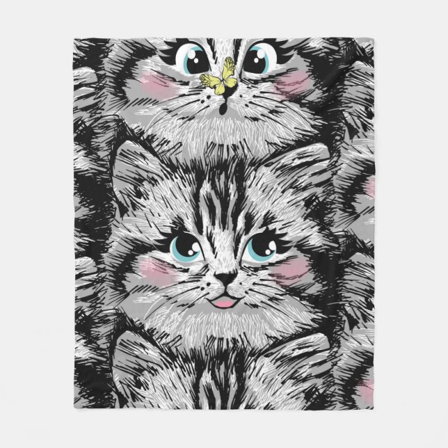 Manta Polar Cute furry kitten face seamless pattern. Illustrat (Anverso)