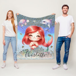 Manta Polar Cute Girly "Sirenita Bajo El Mar" Pelo Rojo