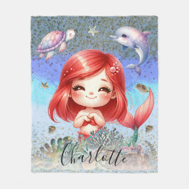 Manta Polar Cute Girly "Sirenita Bajo El Mar" Pelo Rojo