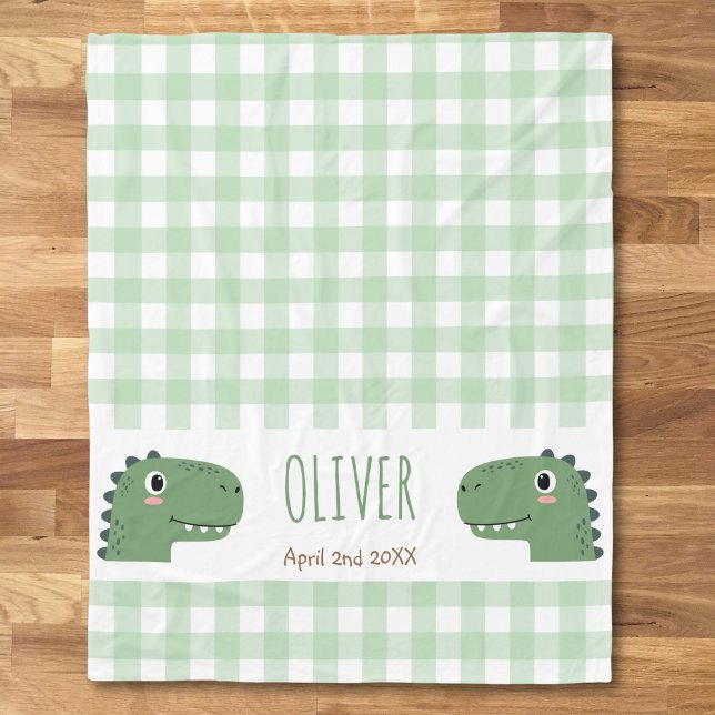 Manta Polar Cute Green Dinosaur Head Gingham Name Birth (Subido por el creador)