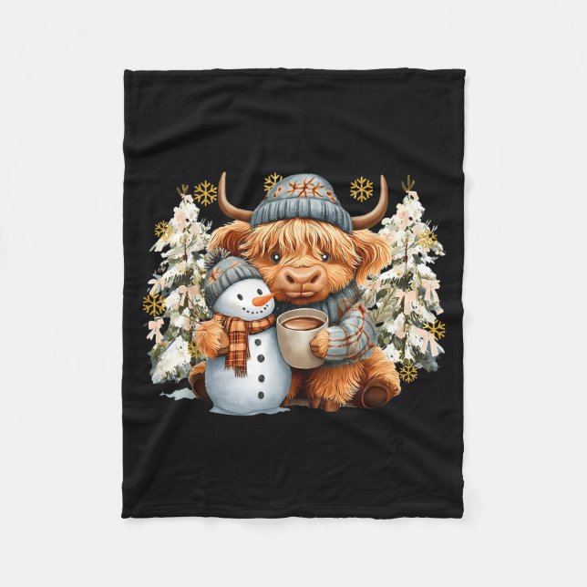 Manta Polar Cute Highland Cow With Snowman Hot Cocoa Christmas (Anverso)