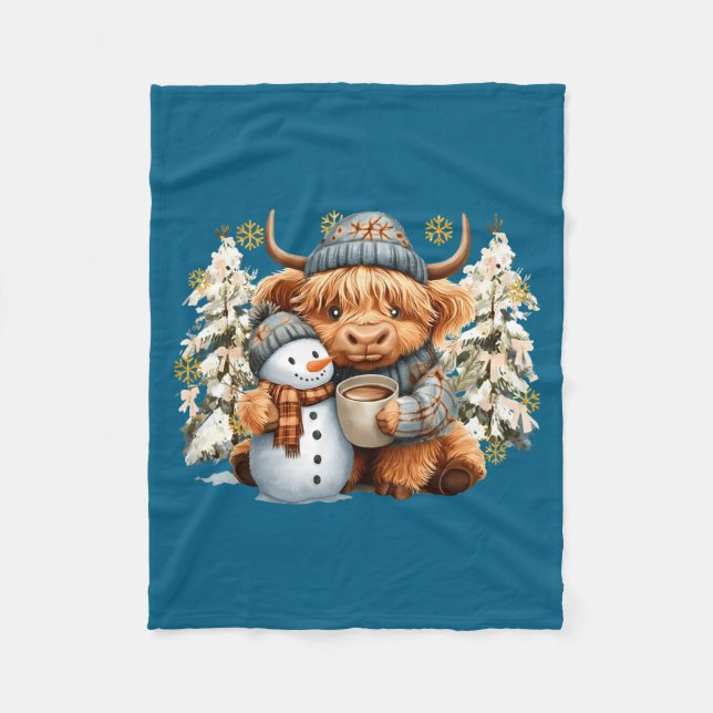 Manta Polar Cute Highland Cow With Snowman Hot Cocoa Christmas (Anverso)