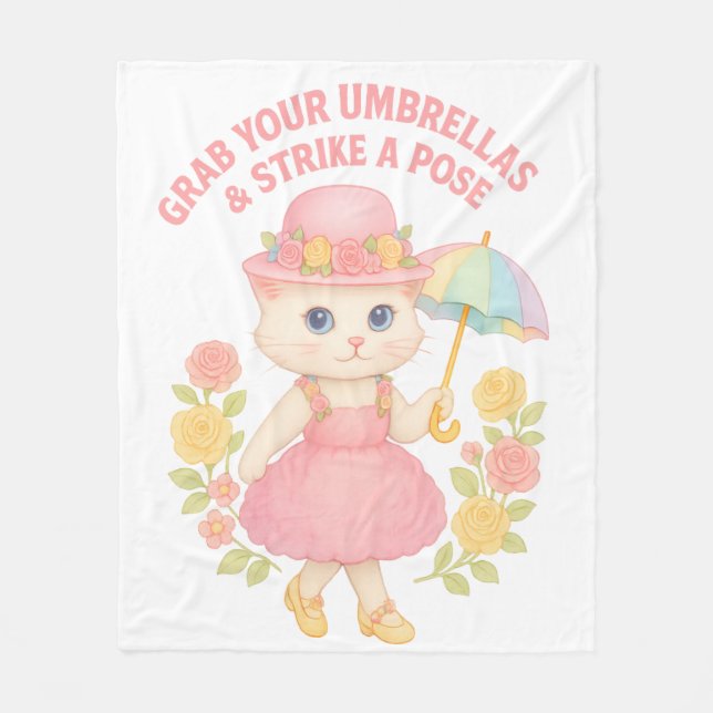 Manta Polar Cute Kitty in Pink Dress – Umbrella Pose (Anverso)