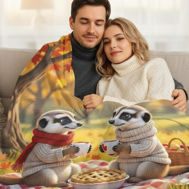 Manta Polar Cute Meerkats en una vestimenta otoñal en un picni (Meerkat Couple in Autumn Attire Fleece Blanket Cover Photo)