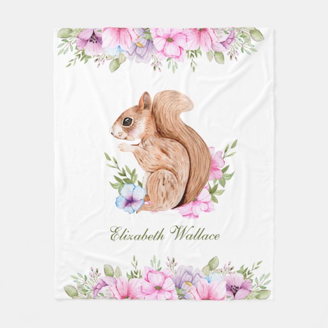 Manta Polar Cute Pink Floral Woodland Squirrel (Anverso)