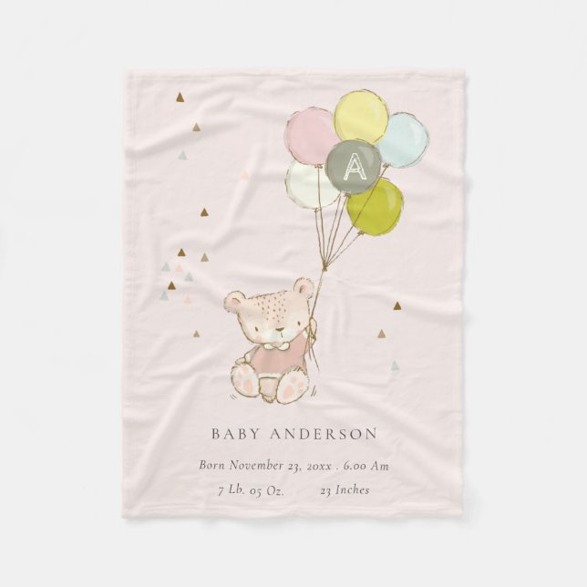 Manta Polar Cute Rubor Bear Balloon Girly Monograma Baby Stat (Anverso)
