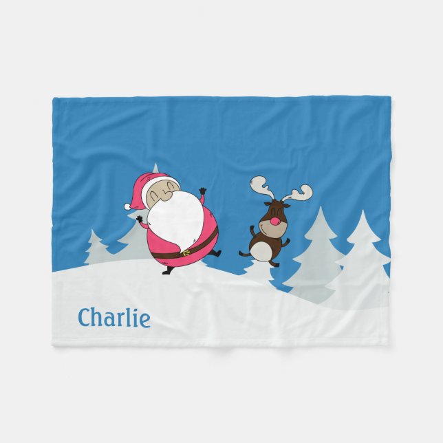 Manta Polar Cute Santa & Reindee nombre personalizado frazadas (Frente (Horizontal))