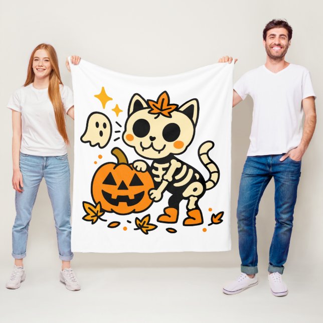 Manta Polar Cute Skeleton Cat with Pumpkin Fleece Blanket (In situ)