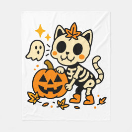 Manta Polar Cute Skeleton Cat with Pumpkin Fleece Blanket
