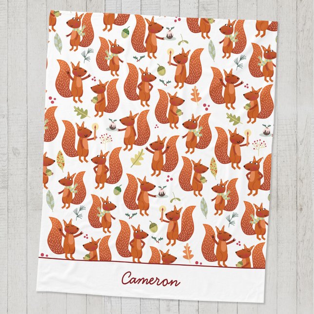 Manta Polar Cute Squirrel Personalizado Woodland (Cute squirrel pattern personalized custom name fleece blanket)