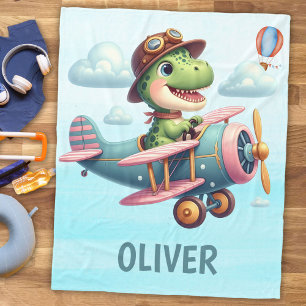 Manta Polar Cute Trex Dinosaur Volando un Encantador Avión