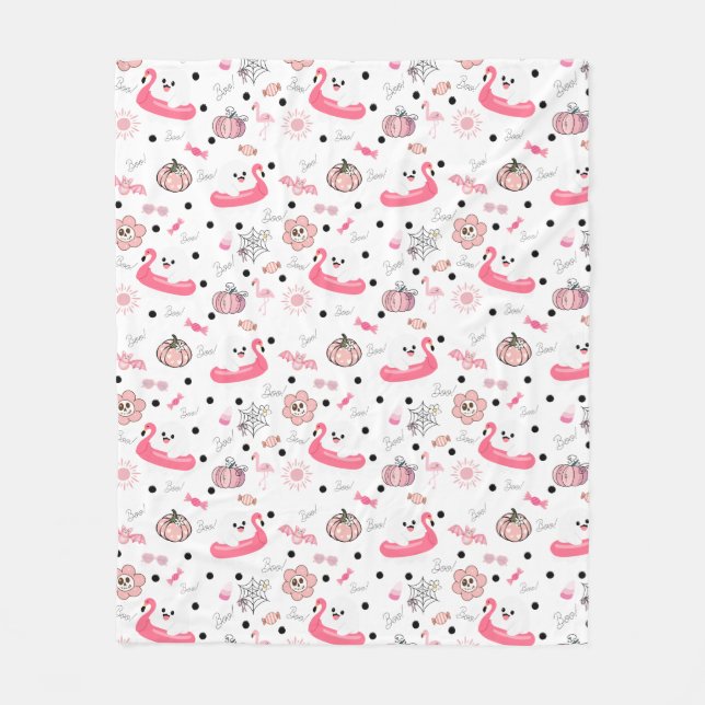 Manta Polar Cute Tropical Halloween – Ghosts & Flamingo (Anverso)