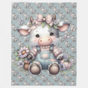 Manta Polar Cute vaca pastel en los overoles con flores