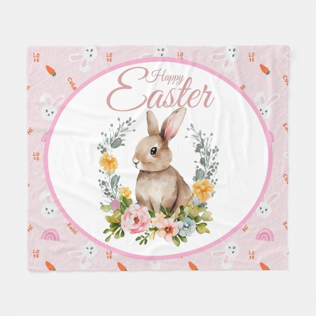 Manta Polar Cute Watercolor Bunny Floral Wreath Easter (Frente (Horizontal))