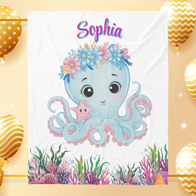Manta Polar Cute Whimsical Floral Octopus Girly Regalo de cump (Subido por el creador)