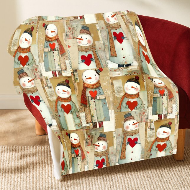 Manta Polar Cute Whimsical Snowman Earth Love (Cute whimsical fleece blanket in earth tones featuring illustrations of snowmen carrying hearts)