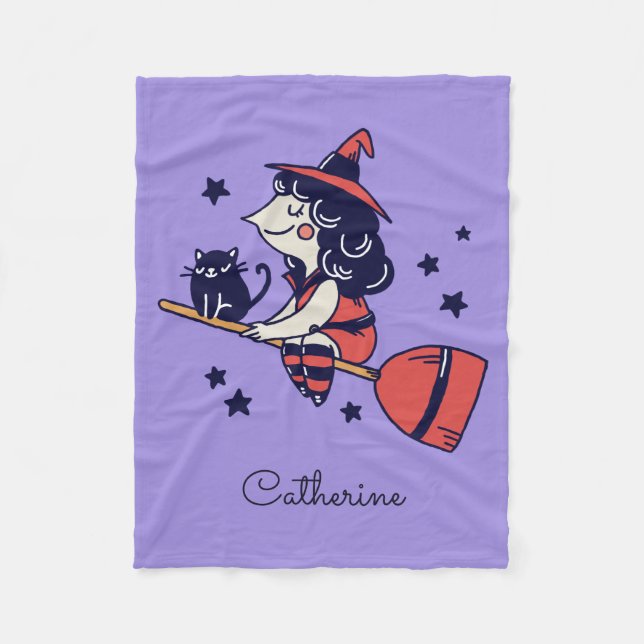 Manta Polar Cute Witch Halloween nombre personalizado frazadas (Anverso)