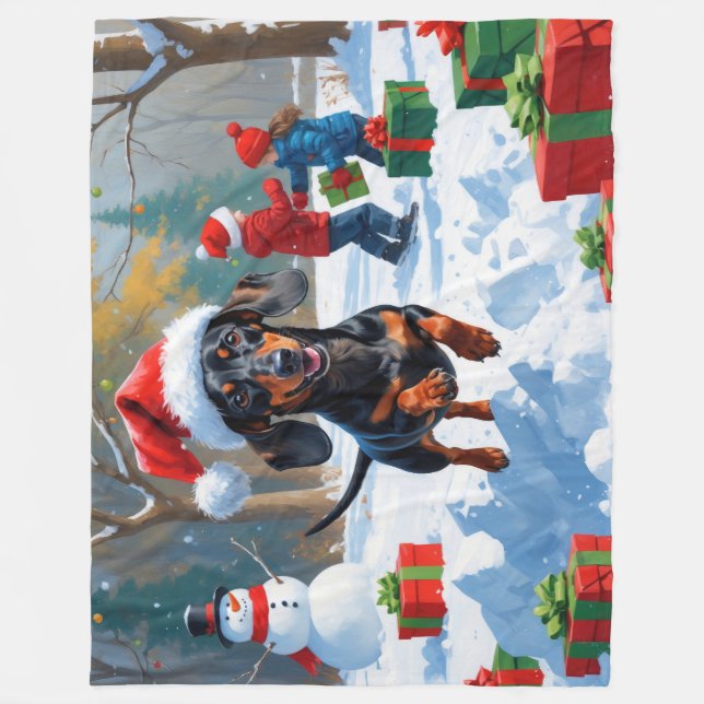 Manta Polar Dachshund corre en nieve con Gorra Navidad (Anverso)