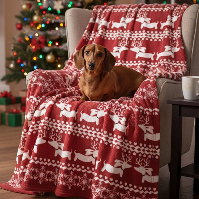 Manta Polar Dachshund Fair Isle Ugly Navidades Sweater Blanket (Dachshund Scandi-core Christmas blanket)